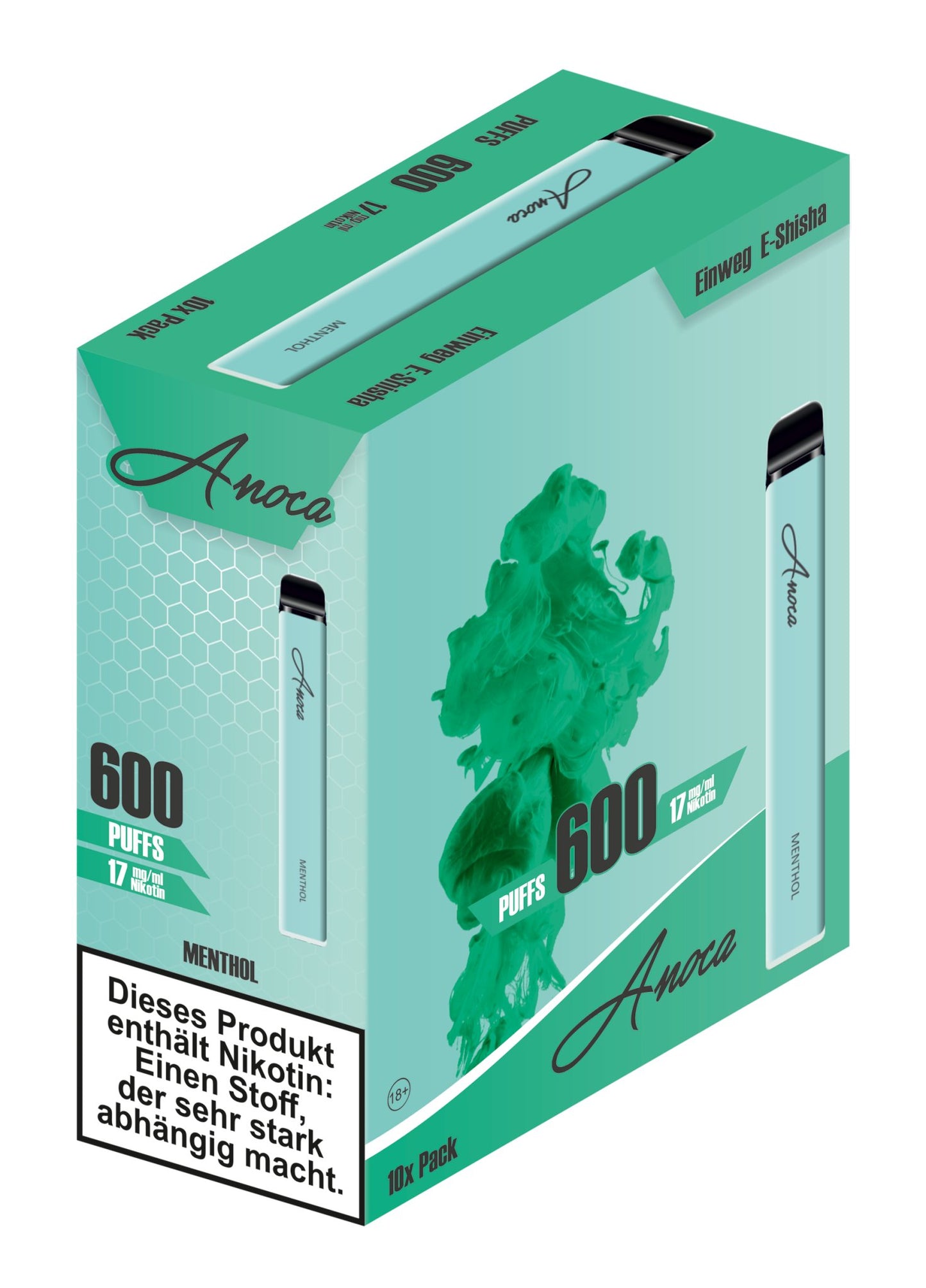 Anoca - Einweg E - Shisha 600 Puffs - Menthol - 10er Pack - Anoca