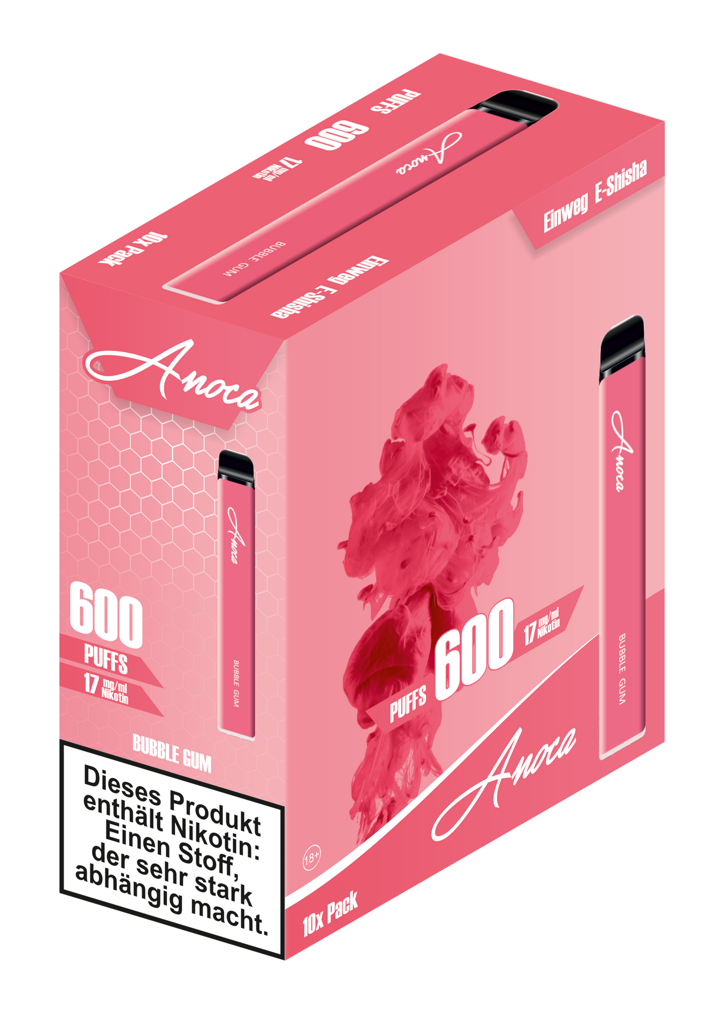 Anoca - Einweg E-Shisha 600 Puffs - Bubble Gum - 10er Pack
