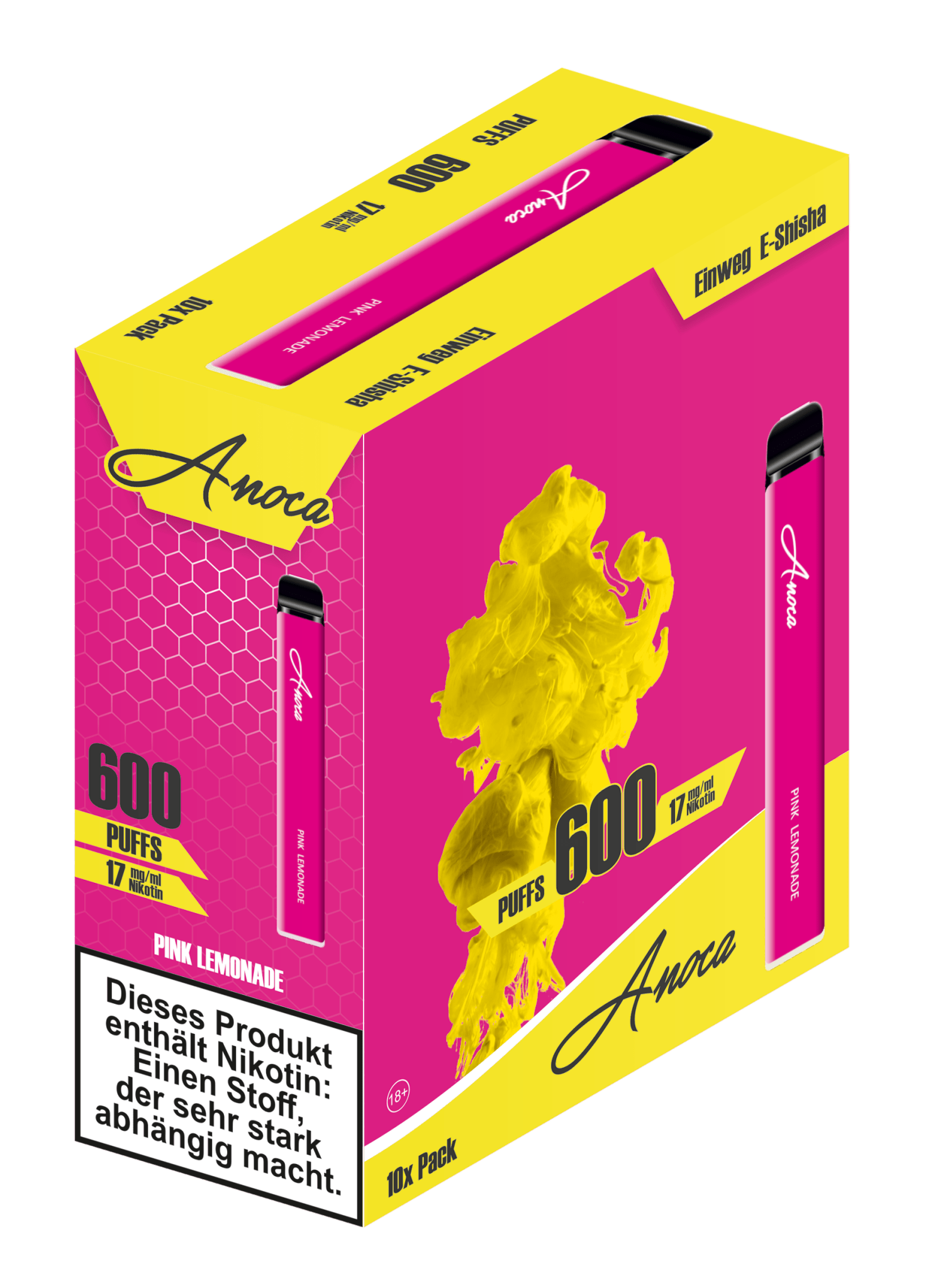 Anoca - Einweg E - Shisha 600 Puffs - Pink Lemonade - 10er Pack - Anoca